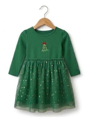 Girls 3T Green Christmas Tree Holiday Dress Gold Star Tulle Long Sleeve